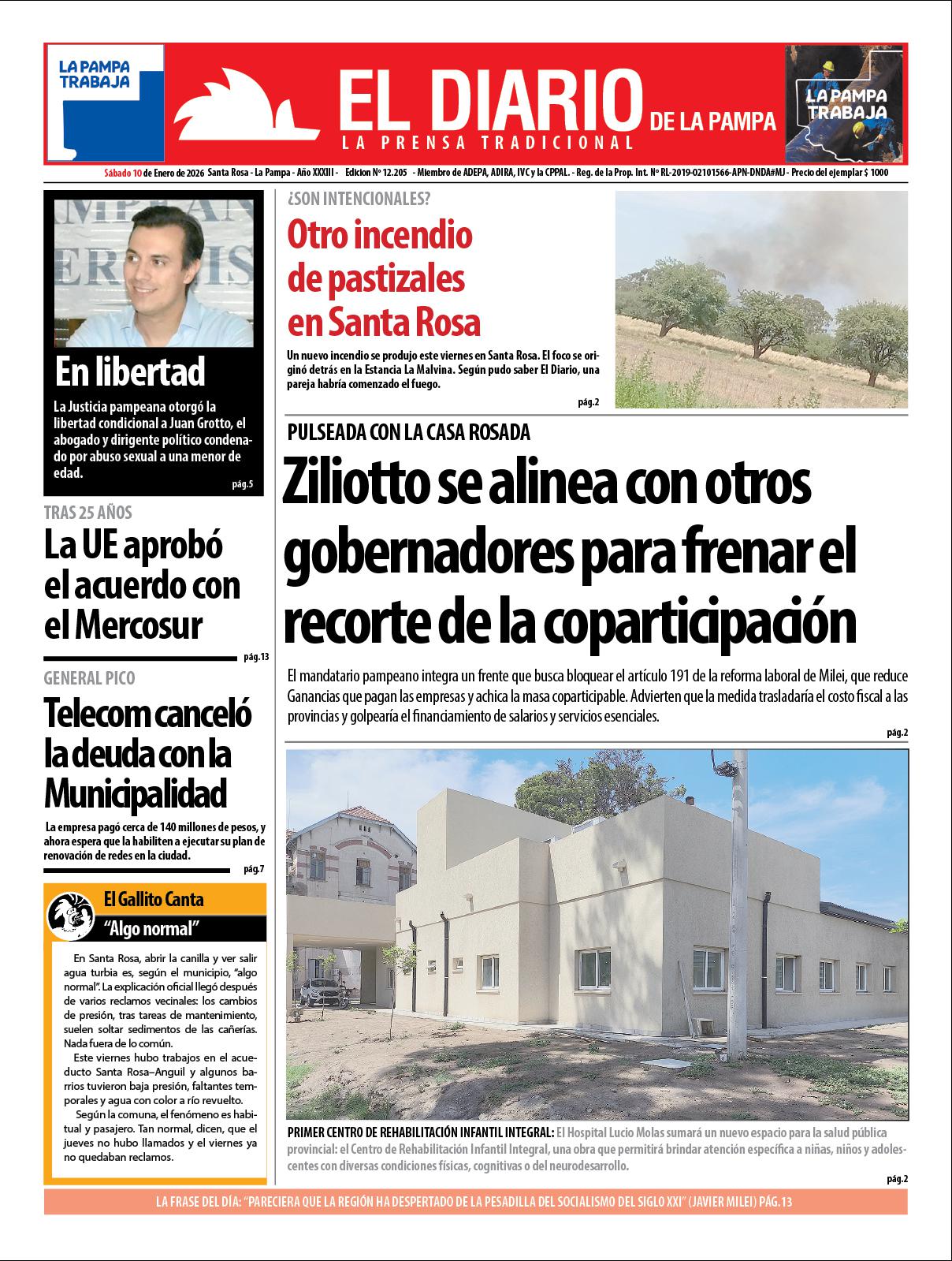 Tapa de El Diario en papel  saacutebado 10 de enero de 2026